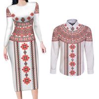 Bulgarian Embroidery Style Seamless Pattern Couples Matching Long Sleeve Bodycon Dress and Long Sleeve Button Shirt