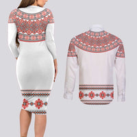 Bulgarian Embroidery Style Seamless Pattern Couples Matching Long Sleeve Bodycon Dress and Long Sleeve Button Shirt