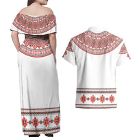 Bulgarian Embroidery Style Seamless Pattern Couples Matching Off Shoulder Maxi Dress and Hawaiian Shirt