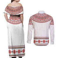 Bulgarian Embroidery Style Seamless Pattern Couples Matching Off Shoulder Maxi Dress and Long Sleeve Button Shirt