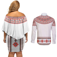 Bulgarian Embroidery Style Seamless Pattern Couples Matching Off Shoulder Short Dress and Long Sleeve Button Shirt