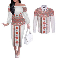 Bulgarian Embroidery Style Seamless Pattern Couples Matching Off The Shoulder Long Sleeve Dress and Long Sleeve Button Shirt
