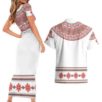 Bulgarian Embroidery Style Seamless Pattern Couples Matching Short Sleeve Bodycon Dress and Hawaiian Shirt