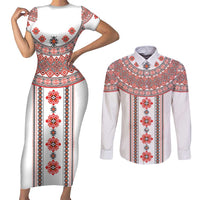 Bulgarian Embroidery Style Seamless Pattern Couples Matching Short Sleeve Bodycon Dress and Long Sleeve Button Shirt