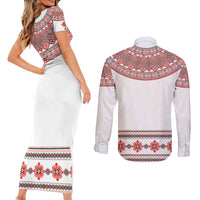 Bulgarian Embroidery Style Seamless Pattern Couples Matching Short Sleeve Bodycon Dress and Long Sleeve Button Shirt