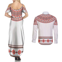 Bulgarian Embroidery Style Seamless Pattern Couples Matching Summer Maxi Dress and Long Sleeve Button Shirt