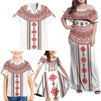 Bulgarian Embroidery Style Seamless Pattern Family Matching Off Shoulder Maxi Dress and Hawaiian Shirt