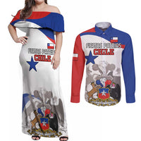 Custom Fiestas Patrias Chile Couples Matching Off Shoulder Maxi Dress and Long Sleeve Button Shirt Coat Of Arms - Wonder Print Shop