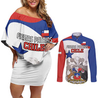 Custom Fiestas Patrias Chile Couples Matching Off Shoulder Short Dress and Long Sleeve Button Shirt Coat Of Arms - Wonder Print Shop