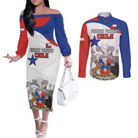 Custom Fiestas Patrias Chile Couples Matching Off The Shoulder Long Sleeve Dress and Long Sleeve Button Shirt Coat Of Arms