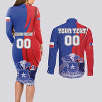 Custom Chile Independence Day Couples Matching Long Sleeve Bodycon Dress and Long Sleeve Button Shirt Lapageria Flower With Coat Of Arms - Wonder Print Shop