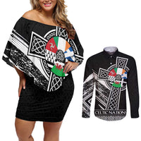 Cross Celtic Nations Couples Matching Off Shoulder Short Dress and Long Sleeve Button Shirt Six Celtic Countries Grunge Style - Wonder Print Shop