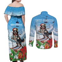 Switzerland Christmas Couples Matching Off Shoulder Maxi Dress and Long Sleeve Button Shirt Merry Swissmas Bernese Mountain Dog - Wonder Print Shop