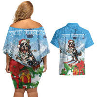 Switzerland Christmas Couples Matching Off Shoulder Short Dress and Hawaiian Shirt Merry Swissmas Bernese Mountain Dog - Wonder Print Shop
