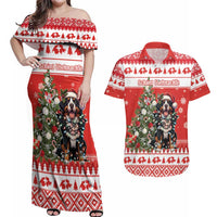 Personalized Merry Swissmas Couples Matching Off Shoulder Maxi Dress and Hawaiian Shirt Bernese Mountain Dog Christmas Pattern - Wonder Print Shop