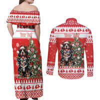 Personalized Merry Swissmas Couples Matching Off Shoulder Maxi Dress and Long Sleeve Button Shirt Bernese Mountain Dog Christmas Pattern - Wonder Print Shop