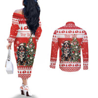 Personalized Merry Swissmas Couples Matching Off The Shoulder Long Sleeve Dress and Long Sleeve Button Shirt Bernese Mountain Dog Christmas Pattern - Wonder Print Shop