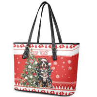 Personalized Merry Swissmas Leather Tote Bag Bernese Mountain Dog Christmas Pattern - Wonder Print Shop