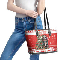 Personalized Merry Swissmas Leather Tote Bag Bernese Mountain Dog Christmas Pattern - Wonder Print Shop