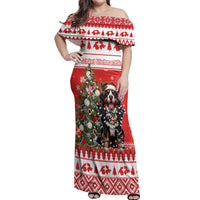 Personalized Merry Swissmas Off Shoulder Maxi Dress Bernese Mountain Dog Christmas Pattern - Wonder Print Shop