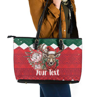 Personalized South Africa Christmas Leather Tote Bag Springbok With King Protea - Wonder Print Shop