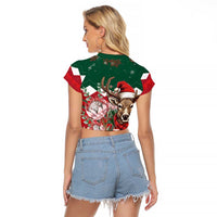 Personalized South Africa Christmas Raglan Cropped T Shirt Springbok With King Protea - Wonder Print Shop