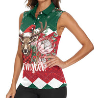 Personalized South Africa Christmas Women Sleeveless Polo Shirt Springbok With King Protea - Wonder Print Shop
