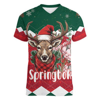 Personalized South Africa Christmas Women V-Neck T-Shirt Springbok With King Protea - Wonder Print Shop