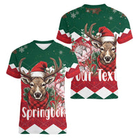 Personalized South Africa Christmas Women V-Neck T-Shirt Springbok With King Protea - Wonder Print Shop