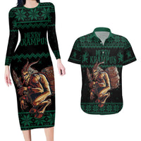Merry Krampus Creepy Christmas Holiday Couples Matching Long Sleeve Bodycon Dress and Hawaiian Shirt Green Version - Wonder Print Shop