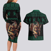 Merry Krampus Creepy Christmas Holiday Couples Matching Long Sleeve Bodycon Dress and Hawaiian Shirt Green Version - Wonder Print Shop