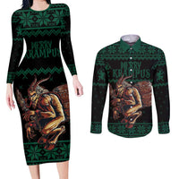 Merry Krampus Creepy Christmas Holiday Couples Matching Long Sleeve Bodycon Dress and Long Sleeve Button Shirt Green Version - Wonder Print Shop