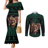 Merry Krampus Creepy Christmas Holiday Couples Matching Mermaid Dress and Long Sleeve Button Shirt Green Version