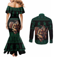 Merry Krampus Creepy Christmas Holiday Couples Matching Mermaid Dress and Long Sleeve Button Shirt Green Version