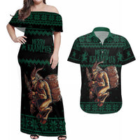 Merry Krampus Creepy Christmas Holiday Couples Matching Off Shoulder Maxi Dress and Hawaiian Shirt Green Version - Wonder Print Shop
