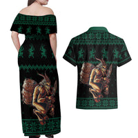 Merry Krampus Creepy Christmas Holiday Couples Matching Off Shoulder Maxi Dress and Hawaiian Shirt Green Version - Wonder Print Shop