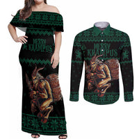Merry Krampus Creepy Christmas Holiday Couples Matching Off Shoulder Maxi Dress and Long Sleeve Button Shirt Green Version - Wonder Print Shop