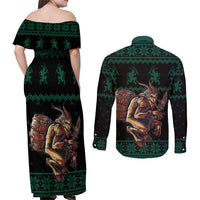 Merry Krampus Creepy Christmas Holiday Couples Matching Off Shoulder Maxi Dress and Long Sleeve Button Shirt Green Version - Wonder Print Shop