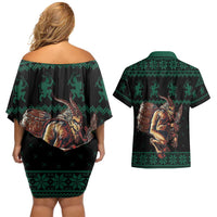 Merry Krampus Creepy Christmas Holiday Couples Matching Off Shoulder Short Dress and Hawaiian Shirt Green Version - Wonder Print Shop