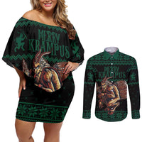 Merry Krampus Creepy Christmas Holiday Couples Matching Off Shoulder Short Dress and Long Sleeve Button Shirt Green Version - Wonder Print Shop