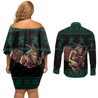 Merry Krampus Creepy Christmas Holiday Couples Matching Off Shoulder Short Dress and Long Sleeve Button Shirt Green Version - Wonder Print Shop