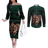 Merry Krampus Creepy Christmas Holiday Couples Matching Off The Shoulder Long Sleeve Dress and Long Sleeve Button Shirt Green Version