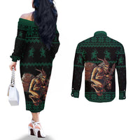 Merry Krampus Creepy Christmas Holiday Couples Matching Off The Shoulder Long Sleeve Dress and Long Sleeve Button Shirt Green Version
