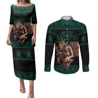 Merry Krampus Creepy Christmas Holiday Couples Matching Puletasi and Long Sleeve Button Shirt Green Version - Wonder Print Shop