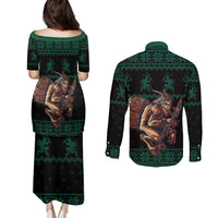 Merry Krampus Creepy Christmas Holiday Couples Matching Puletasi and Long Sleeve Button Shirt Green Version - Wonder Print Shop