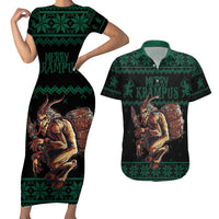 Merry Krampus Creepy Christmas Holiday Couples Matching Short Sleeve Bodycon Dress and Hawaiian Shirt Green Version - Wonder Print Shop