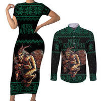 Merry Krampus Creepy Christmas Holiday Couples Matching Short Sleeve Bodycon Dress and Long Sleeve Button Shirt Green Version - Wonder Print Shop