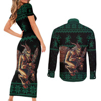 Merry Krampus Creepy Christmas Holiday Couples Matching Short Sleeve Bodycon Dress and Long Sleeve Button Shirt Green Version - Wonder Print Shop