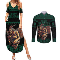 Merry Krampus Creepy Christmas Holiday Couples Matching Summer Maxi Dress and Long Sleeve Button Shirt Green Version - Wonder Print Shop