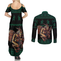 Merry Krampus Creepy Christmas Holiday Couples Matching Summer Maxi Dress and Long Sleeve Button Shirt Green Version - Wonder Print Shop